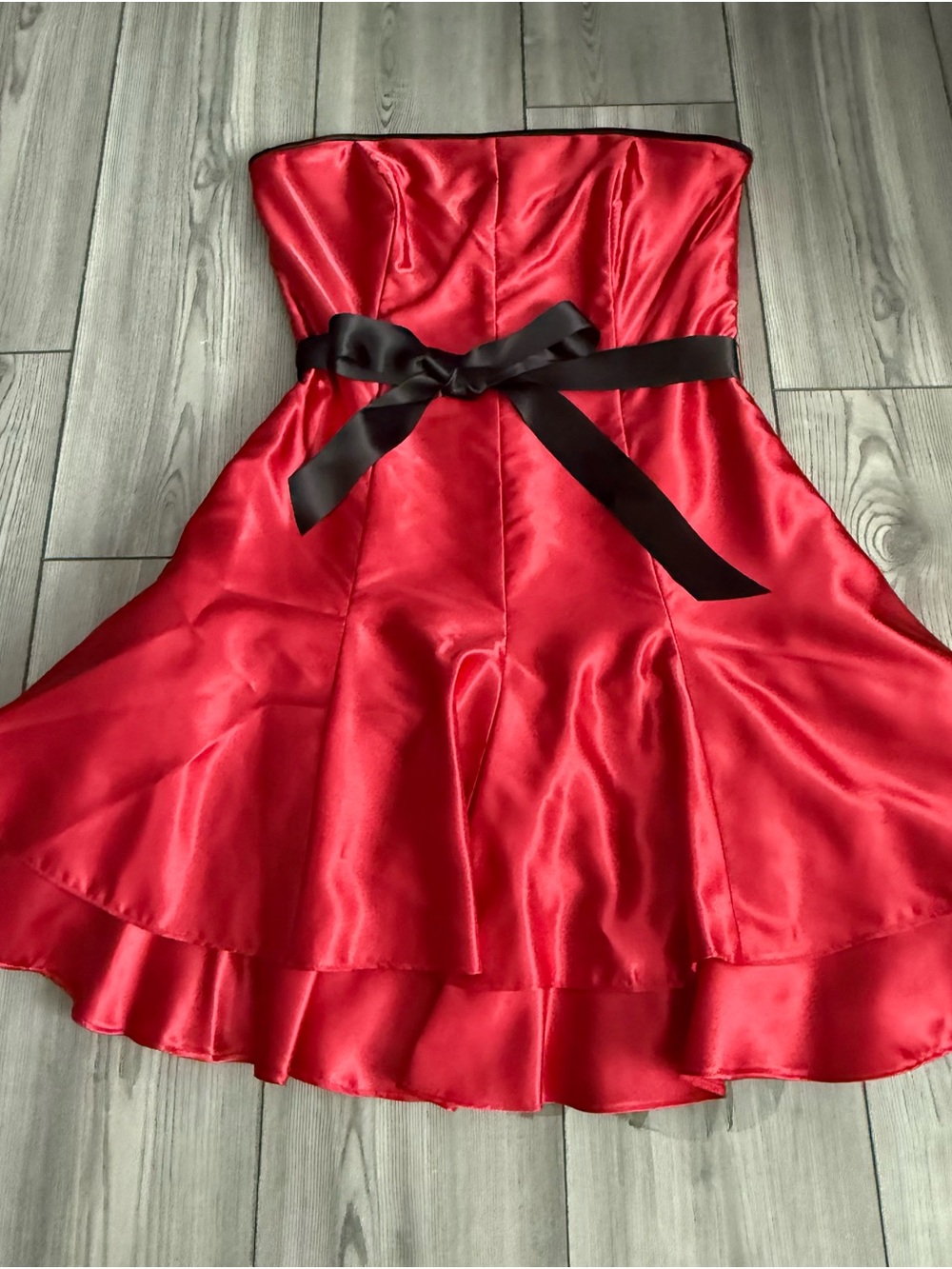 Jessica McClintock Red Satin Strapless Cocktail Dress with Black Sash
